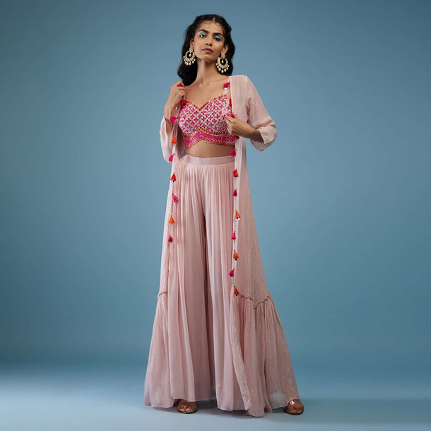 Onion Pink Embroidered Mirror Crop Top And Palazzo Set In Georgette