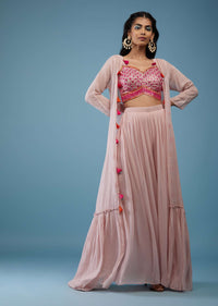 Onion Pink Embroidered Mirror Crop Top And Palazzo Set In Georgette