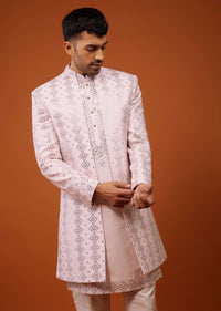 Candy Pink Embroidered Indo-Western Sherwani Set In Tussar Silk