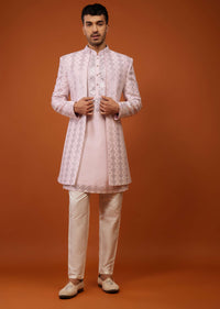 Candy Pink Embroidered Indo-Western Sherwani Set In Tussar Silk