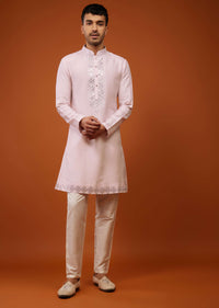 Candy Pink Embroidered Indo-Western Sherwani Set In Tussar Silk