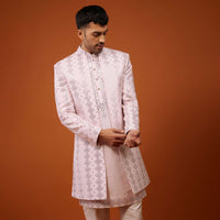 Candy Pink Embroidered Indo-Western Sherwani Set In Tussar Silk