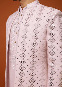 Candy Pink Embroidered Indo-Western Sherwani Set In Tussar Silk