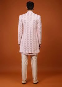 Candy Pink Embroidered Indo-Western Sherwani Set In Tussar Silk