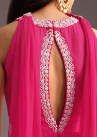 Pink Embroidered Jumpsuit With Choker Net Dupatta