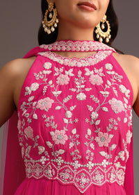 Pink Embroidered Jumpsuit With Choker Net Dupatta