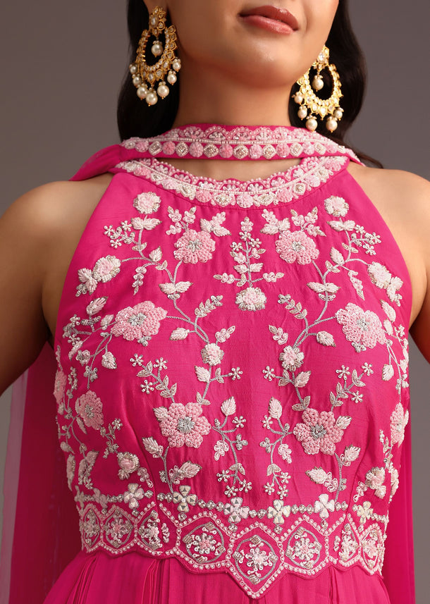 Pink Embroidered Jumpsuit With Choker Net Dupatta