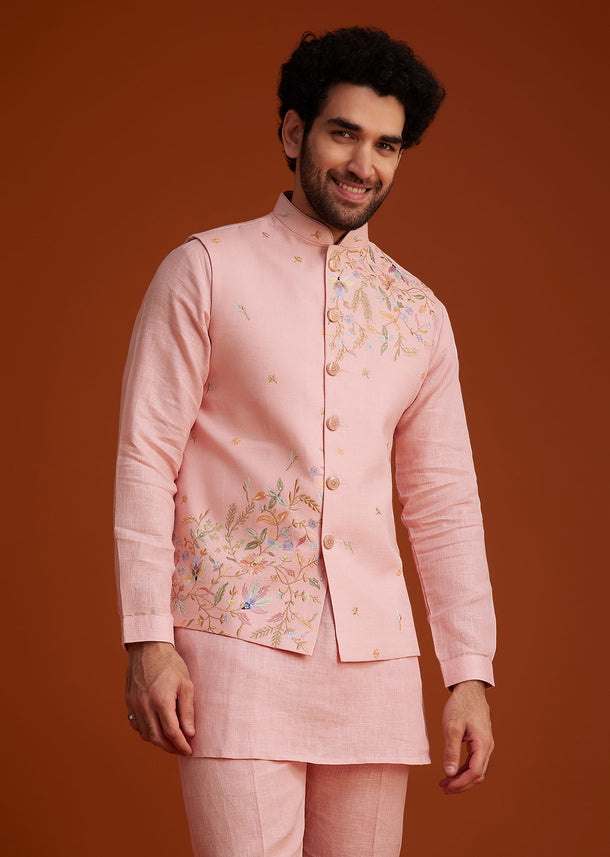 Pink Embroidered Kurta Jacket Set