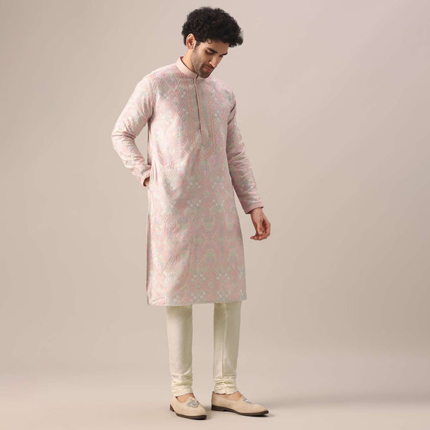 Pink Embroidered Kurta Set In Art Silk