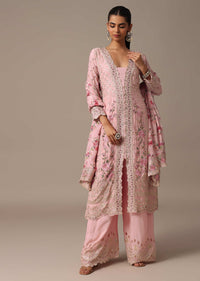 Pink Embroidered Kurta Palazzo Set With Floral Printed Dupatta
