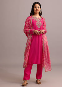 Pink Embroidered Kurta Pant Set With Organza Dupatta