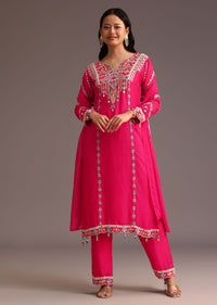 Pink Embroidered Kurta Pant Set With Chanderi Dupatta