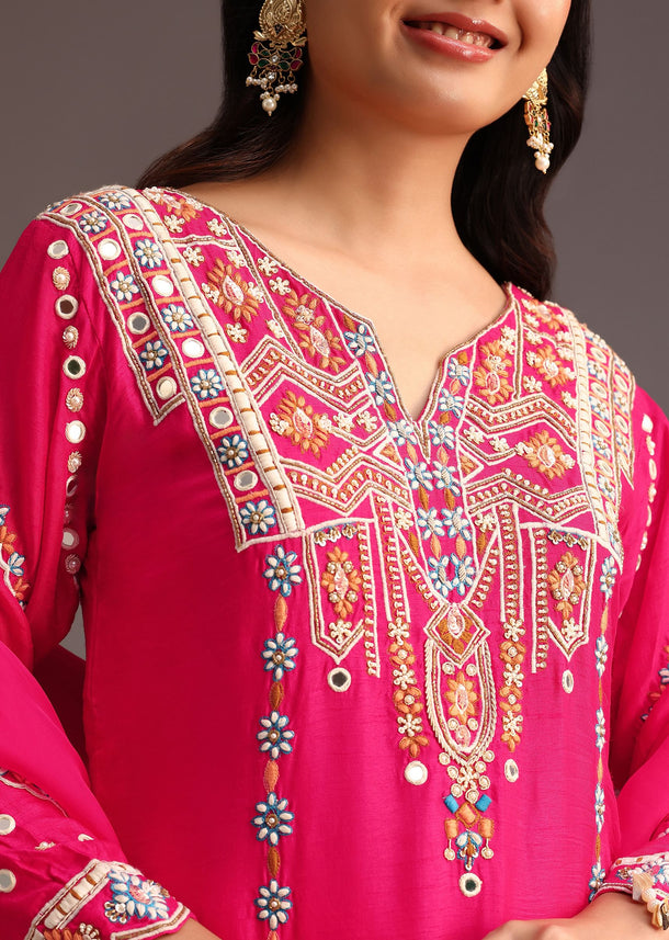 Pink Embroidered Kurta Pant Set With Chanderi Dupatta