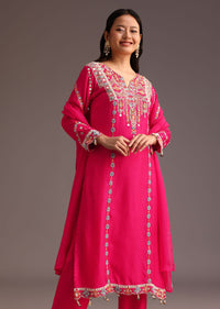 Pink Embroidered Kurta Pant Set With Chanderi Dupatta