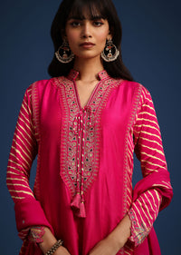 Pink Embroidered Kurta Set With Leheriya Print Panel In Raw Silk