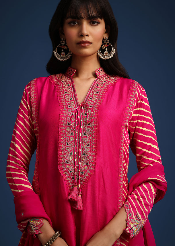 Pink Embroidered Kurta Set With Leheriya Print Panel In Raw Silk