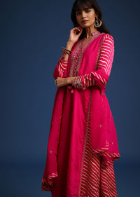 Pink Embroidered Kurta Set With Leheriya Print Panel In Raw Silk