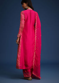 Pink Embroidered Kurta Set With Leheriya Print Panel In Raw Silk