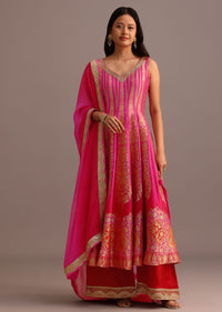 Pink Embroidered Kurti Palazzo With Organza Dupatta