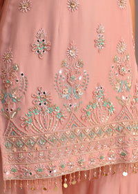 Pink Embroidered Kurti Sharara Suit With Net Dupatta