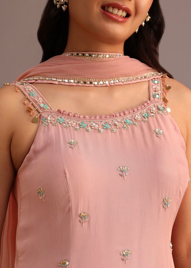 Pink Embroidered Kurti Sharara Suit With Net Dupatta