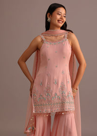 Pink Embroidered Kurti Sharara Suit With Net Dupatta