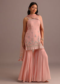 Pink Embroidered Kurti Sharara Suit With Net Dupatta