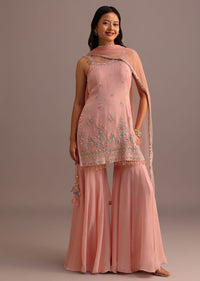 Pink Embroidered Kurti Sharara Suit With Net Dupatta