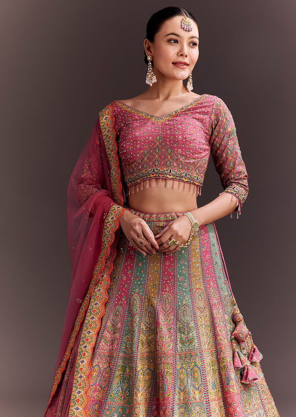 Pink Embroidered Lehenga Set With Net dupatta