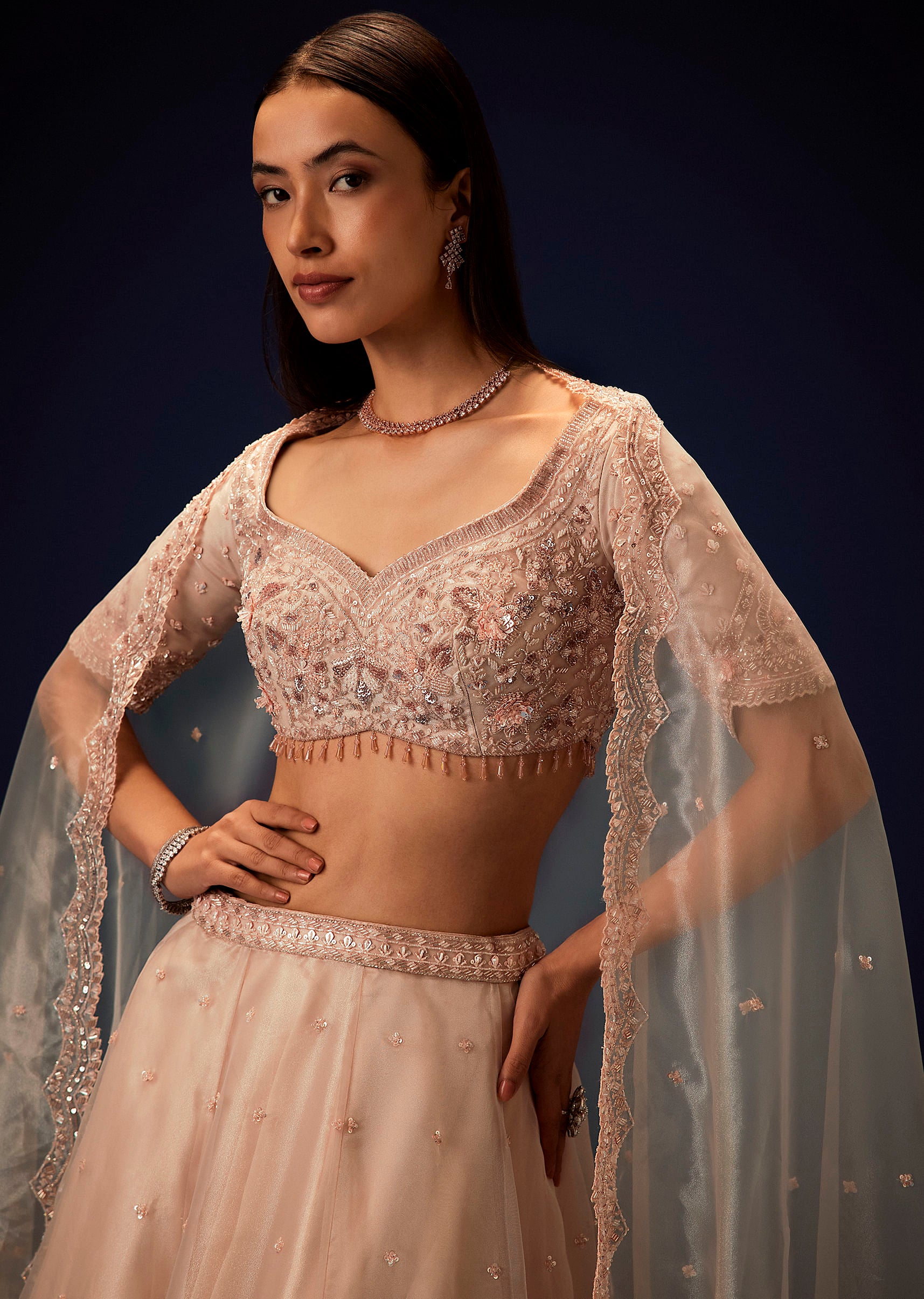 Pink Organza 8 Kali Lehenga With Embroidered Blouse and Cutwork Dupatta