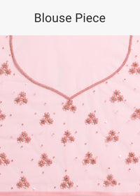 Pink Embroidered Net Saree With Unstitched Blouse