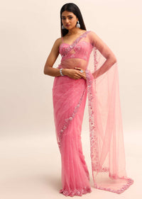 Pink Embroidered Net Saree With Unstitched Blouse