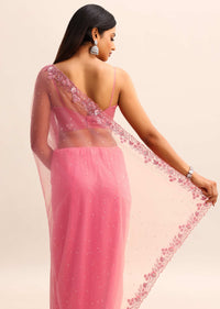 Pink Embroidered Net Saree With Unstitched Blouse