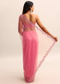 Pink Embroidered Net Saree With Unstitched Blouse