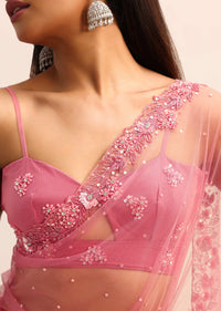 Pink Embroidered Net Saree With Unstitched Blouse