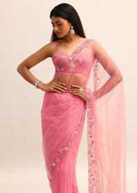 Pink Embroidered Net Saree With Unstitched Blouse