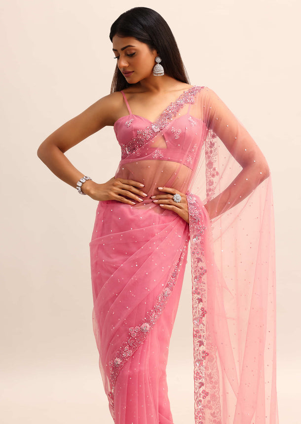 Pink Embroidered Net Saree With Unstitched Blouse