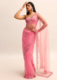 Pink Embroidered Net Saree With Unstitched Blouse