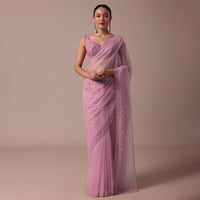 Pink Embroidered Organza Saree With Unstitched Blouse