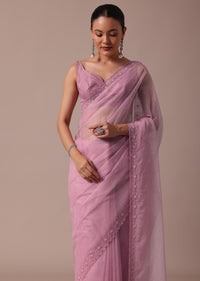 Pink Embroidered Organza Saree With Unstitched Blouse