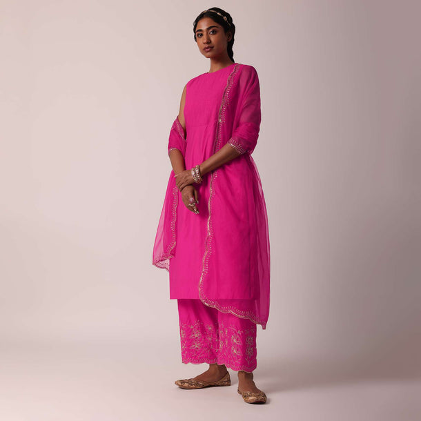 Pink Embroidered Palazzo Set With Kurta In Cotton-