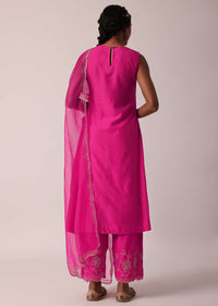 Pink Embroidered Palazzo Set With Kurta In Cotton-