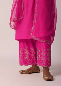 Pink Embroidered Palazzo Set With Kurta In Cotton-