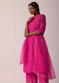 Pink Embroidered Palazzo Set With Kurta In Cotton-