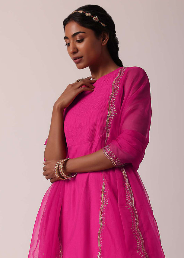 Pink Embroidered Pant Set With Kurta In Chanderi