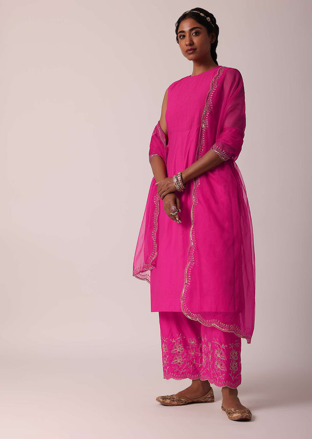 Pink Embroidered Palazzo Set With Kurta In Cotton-