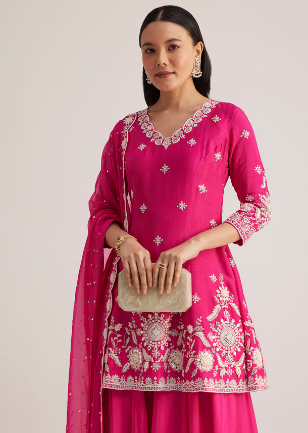 Pink Embroidered Palazzo Suit With Dupatta