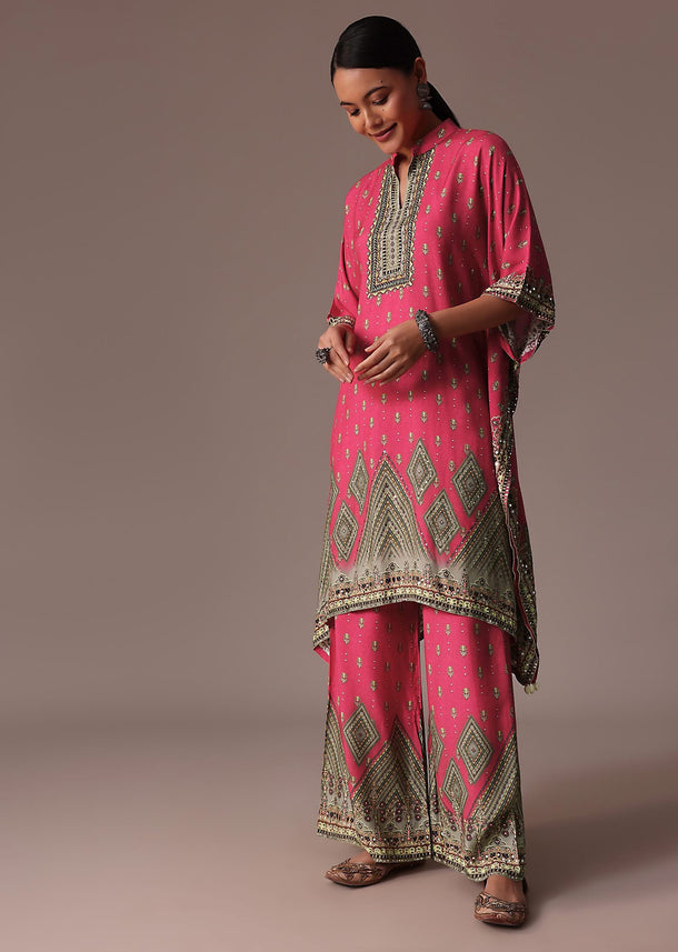 Pink Embroidered PrintedCotton Silk Kaftan Co Ord Set