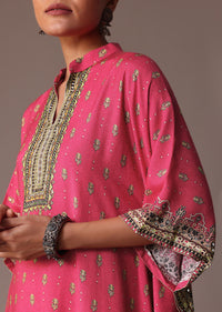 Pink Embroidered PrintedCotton Silk Kaftan Co Ord Set