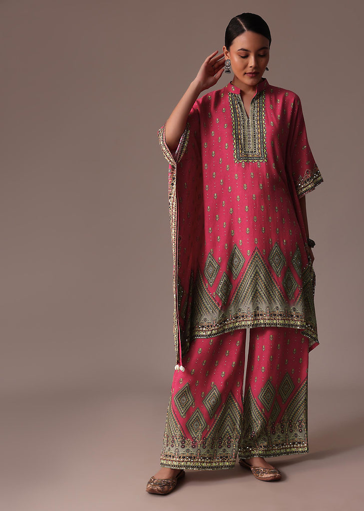 Pink Embroidered PrintedCotton Silk Kaftan Co Ord Set